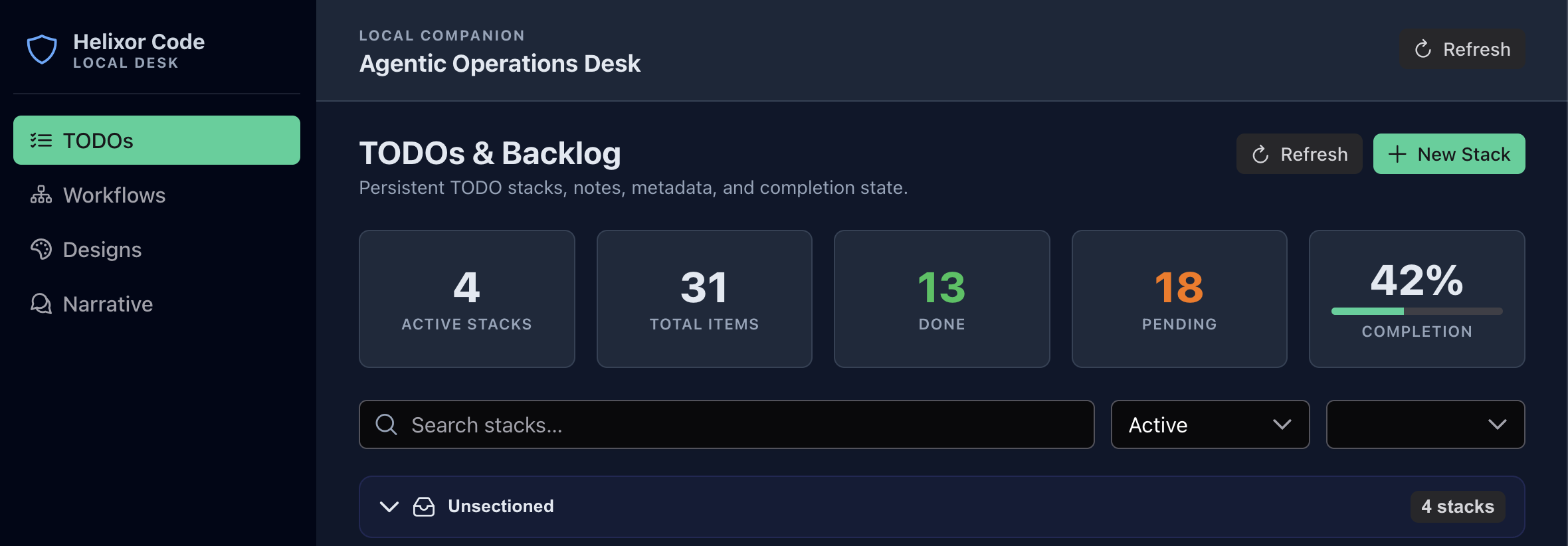 Helixor Code Local Desk showing TODO stacks and backlog metrics